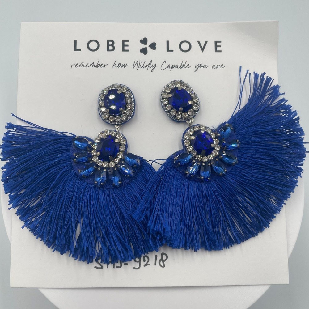 VTG Royal Blue Statement Tassel Earrings Sapphire Rhinestone Fringe Drop Boho